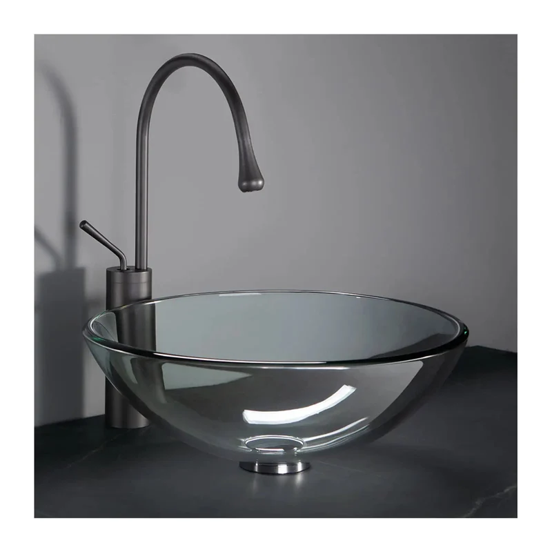 Slick Round Tempered Glass Vessel Sink Set For Bathroom Countertop Basin Above Install Washroom Upgrade Heavy Duty 12Mm Dark Gray Glass 17X17 Inch No Fuss Easy Care Setup Top Shelf Home Refresh
