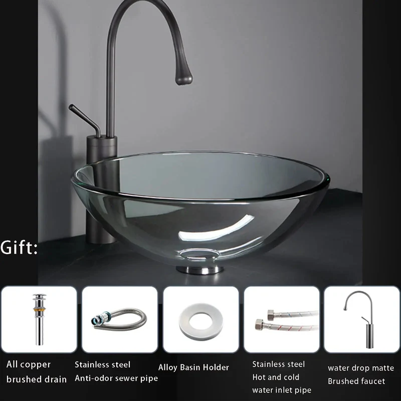 Slick Round Tempered Glass Vessel Sink Set For Bathroom Countertop Basin Above Install Washroom Upgrade Heavy Duty 12Mm Dark Gray Glass 17X17 Inch No Fuss Easy Care Setup Top Shelf Home Refresh