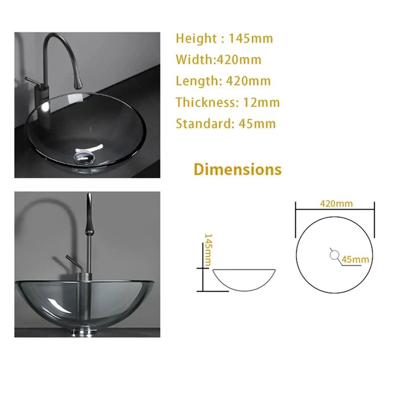 Slick Round Tempered Glass Vessel Sink Set For Bathroom Countertop Basin Above Install Washroom Upgrade Heavy Duty 12Mm Dark Gray Glass 17X17 Inch No Fuss Easy Care Setup Top Shelf Home Refresh