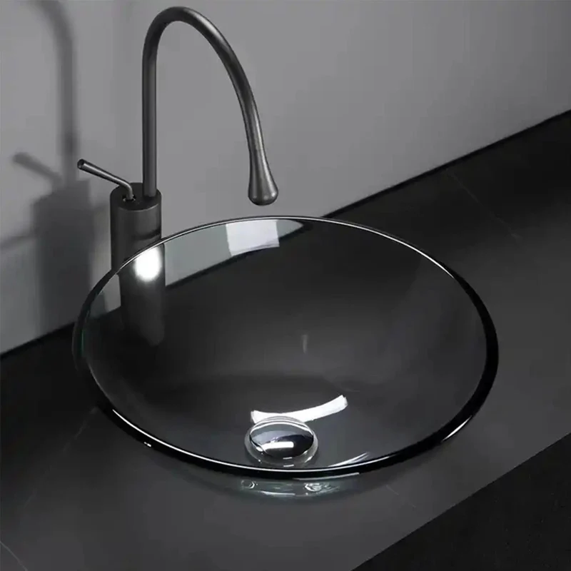 Slick Round Tempered Glass Vessel Sink Set For Bathroom Countertop Basin Above Install Washroom Upgrade Heavy Duty 12Mm Dark Gray Glass 17X17 Inch No Fuss Easy Care Setup Top Shelf Home Refresh