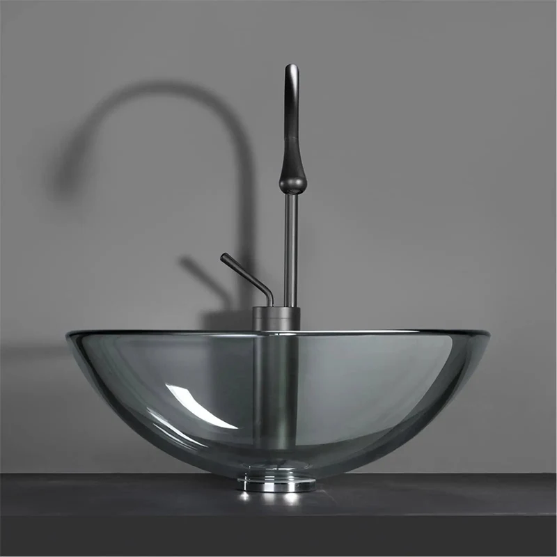 Slick Round Tempered Glass Vessel Sink Set For Bathroom Countertop Basin Above Install Washroom Upgrade Heavy Duty 12Mm Dark Gray Glass 17X17 Inch No Fuss Easy Care Setup Top Shelf Home Refresh