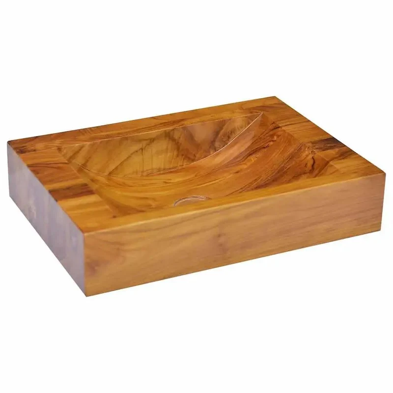 Heavy Duty Kiln Dried Teak Hardwood Vessel Sink For Bathroom Counter Top Basin With Sleek Water Resistant Finish Smooth As Silky Fine Sanded Grain Surface Design For Daily Use Vanities