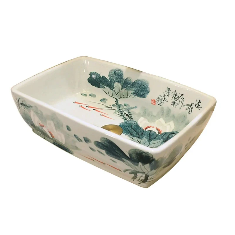 Retro Ceramic Vessel Sink Rectangle Art Basin With Floral Pattern Above Counter Bathroom Vanity Wash Basin Smooth Non Porous Surface Zero Hassle Cleanup Upgrade Your Home Digs With This Chic Top Shelf Design Delivering Sick Stylish Vibes To Your Restroom