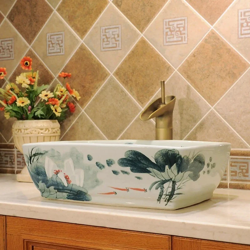 Retro Ceramic Vessel Sink Rectangle Art Basin With Floral Pattern Above Counter Bathroom Vanity Wash Basin Smooth Non Porous Surface Zero Hassle Cleanup Upgrade Your Home Digs With This Chic Top Shelf Design Delivering Sick Stylish Vibes To Your Restroom