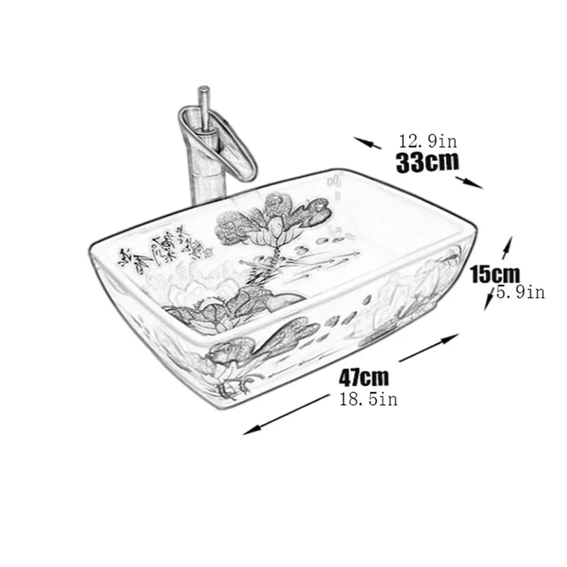 Retro Ceramic Vessel Sink Rectangle Art Basin With Floral Pattern Above Counter Bathroom Vanity Wash Basin Smooth Non Porous Surface Zero Hassle Cleanup Upgrade Your Home Digs With This Chic Top Shelf Design Delivering Sick Stylish Vibes To Your Restroom