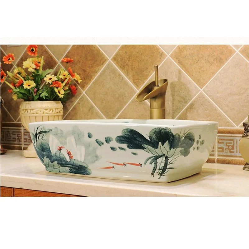 Retro Ceramic Vessel Sink Rectangle Art Basin With Floral Pattern Above Counter Bathroom Vanity Wash Basin Smooth Non Porous Surface Zero Hassle Cleanup Upgrade Your Home Digs With This Chic Top Shelf Design Delivering Sick Stylish Vibes To Your Restroom