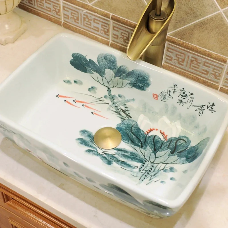 Retro Ceramic Vessel Sink Rectangle Art Basin With Floral Pattern Above Counter Bathroom Vanity Wash Basin Smooth Non Porous Surface Zero Hassle Cleanup Upgrade Your Home Digs With This Chic Top Shelf Design Delivering Sick Stylish Vibes To Your Restroom
