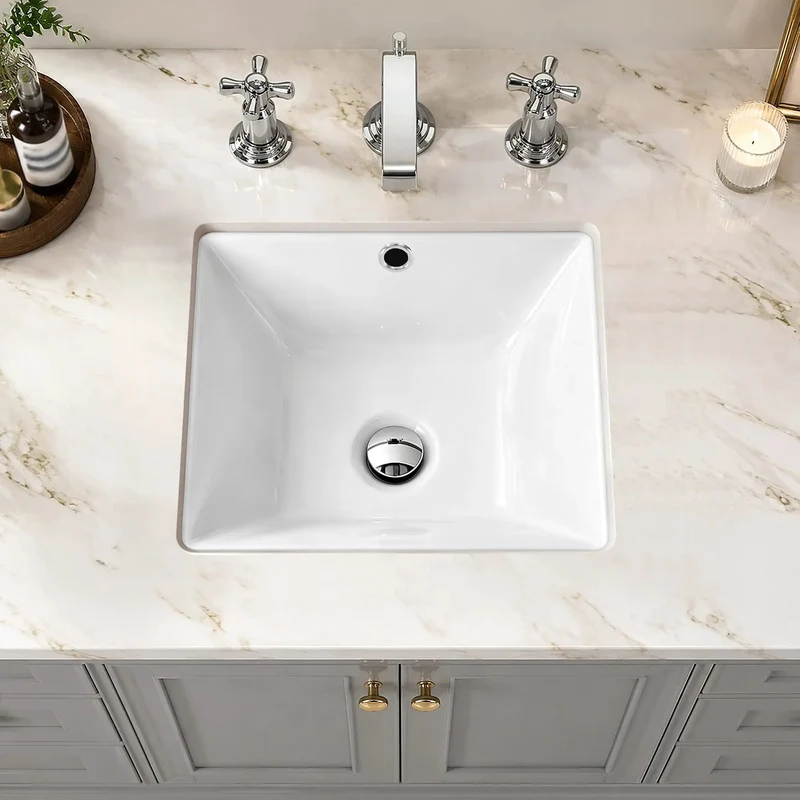 Top Shelf White Rectangle Undermount Bathroom Sink, 14.4x12.7 Inch Porcelain Ceramic Lavatory With Overflow, Slick Deep Basin For Home Vanities And Hotels