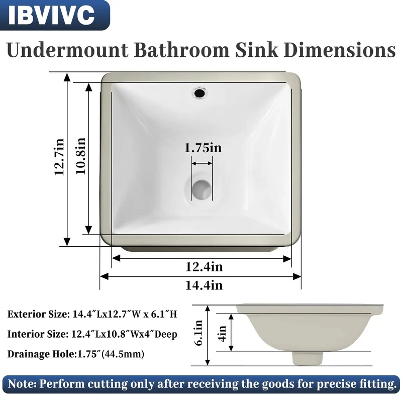 Top Shelf White Rectangle Undermount Bathroom Sink, 14.4x12.7 Inch Porcelain Ceramic Lavatory With Overflow, Slick Deep Basin For Home Vanities And Hotels