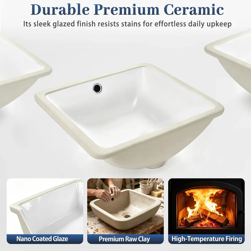 Top Shelf White Rectangle Undermount Bathroom Sink, 14.4x12.7 Inch Porcelain Ceramic Lavatory With Overflow, Slick Deep Basin For Home Vanities And Hotels