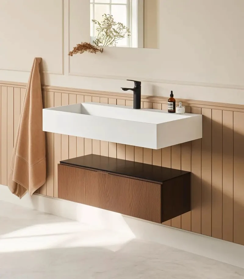 Slick Wall Mounted Bathroom Vessel Sink In Matte White Solid Surface Creates A Roomy 36 By 18 Inch Rectangular Trough Layout That Clears Floor Space And Gives Your Powder Room A Straightforward Modern Edge
