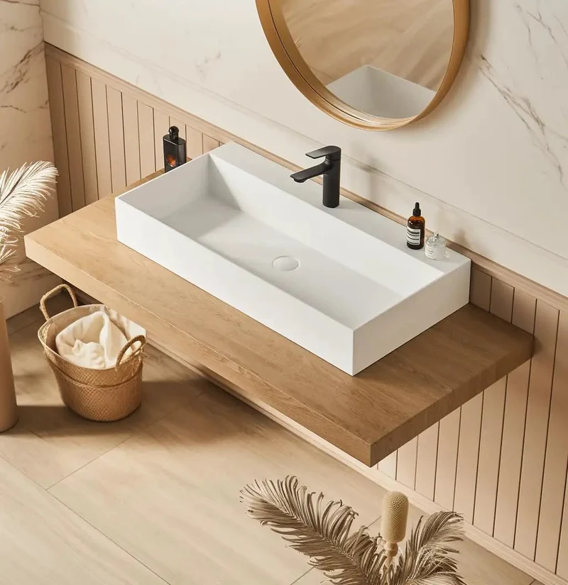 Slick Wall Mounted Bathroom Vessel Sink In Matte White Solid Surface Creates A Roomy 36 By 18 Inch Rectangular Trough Layout That Clears Floor Space And Gives Your Powder Room A Straightforward Modern Edge