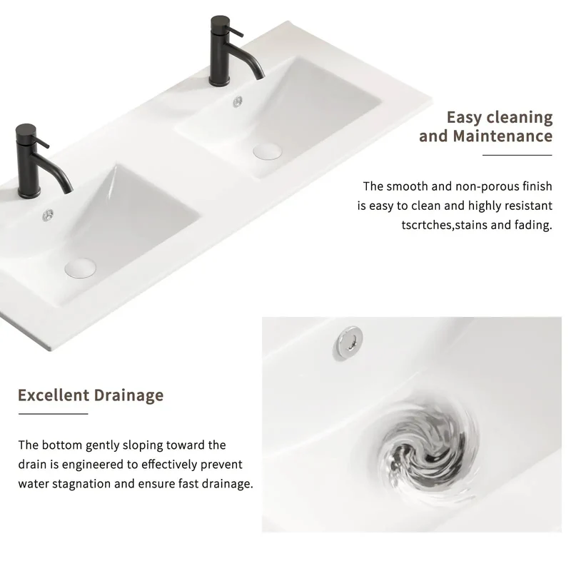 Top Shelf Double Bowl Ceramic Sink in Milk White That Makes Your Powder Room Look Fresh. Heavy Duty Countertop Vanity Washbasin Perfect for Shared Spaces. Dual Basins Offer Big Time Multitasking Without the Hassle. Durable 47 Inch Wide Porcelain Basin.