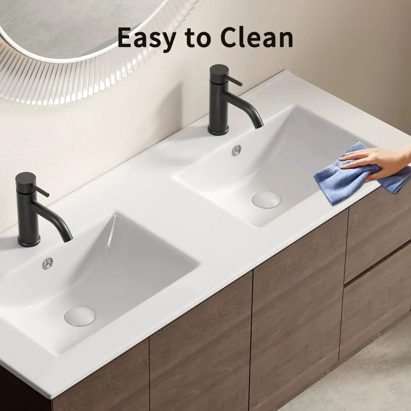 Top Shelf Double Bowl Ceramic Sink in Milk White That Makes Your Powder Room Look Fresh. Heavy Duty Countertop Vanity Washbasin Perfect for Shared Spaces. Dual Basins Offer Big Time Multitasking Without the Hassle. Durable 47 Inch Wide Porcelain Basin.