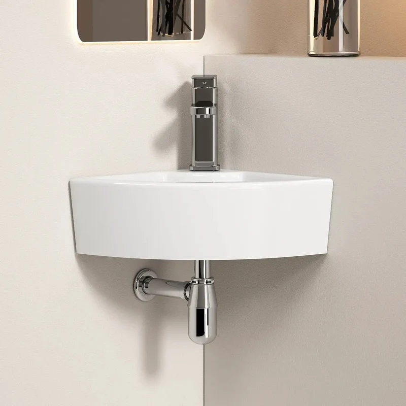 Zero Fuss Triangle Corner Sink For Bathroom Wall Mounted Ceramic Vessel Basin With Glossy White Finish A Clever Space Saver For Tight Corners Small Rooms And Laundry Areas