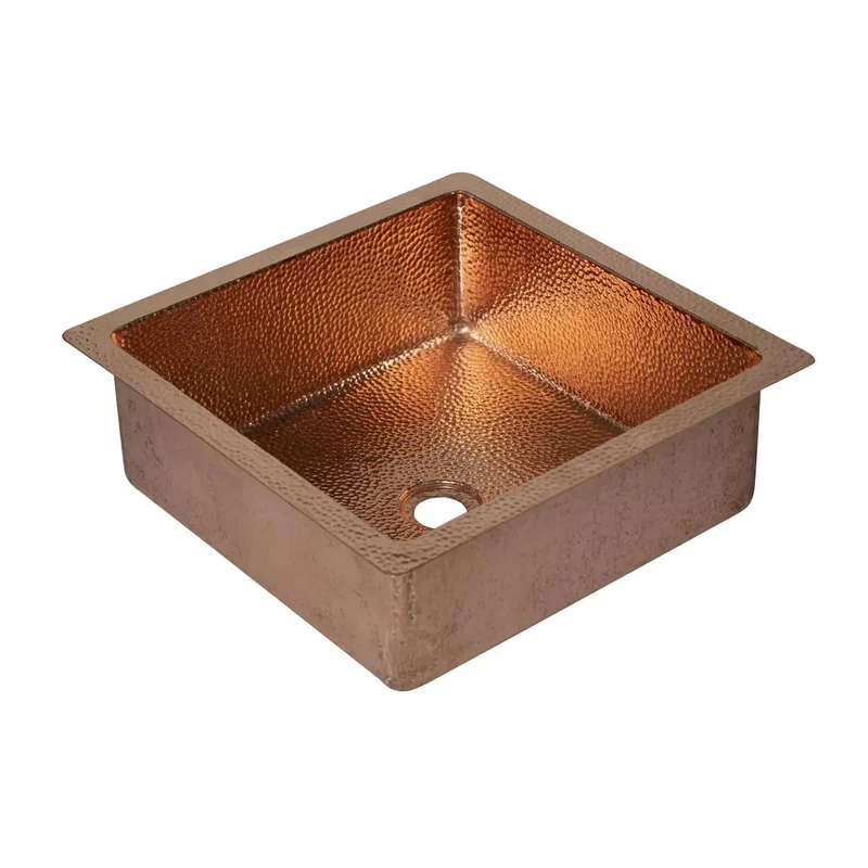 Square Hammered Copper Vessel Sink For Bathroom Vanity 15 Inch Wide Basin With Antique Bronze Finish Handcrafted Heavy Gauge Sink For A Top Shelf Room Setup