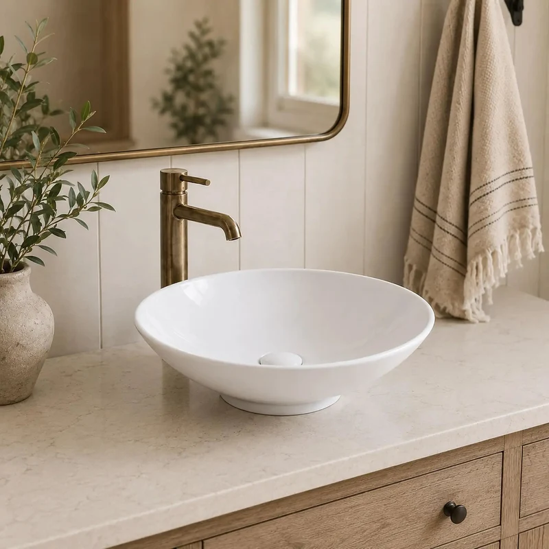 Crisp White Round Vessel Bathroom Sink On Above Counter Mount Solid Vitreous China Vanity Bowl With Hassle Free Drain Install And Zero Overflow Groove Rock Solid Build For Modern Interiors