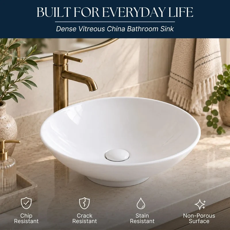 Crisp White Round Vessel Bathroom Sink On Above Counter Mount Solid Vitreous China Vanity Bowl With Hassle Free Drain Install And Zero Overflow Groove Rock Solid Build For Modern Interiors
