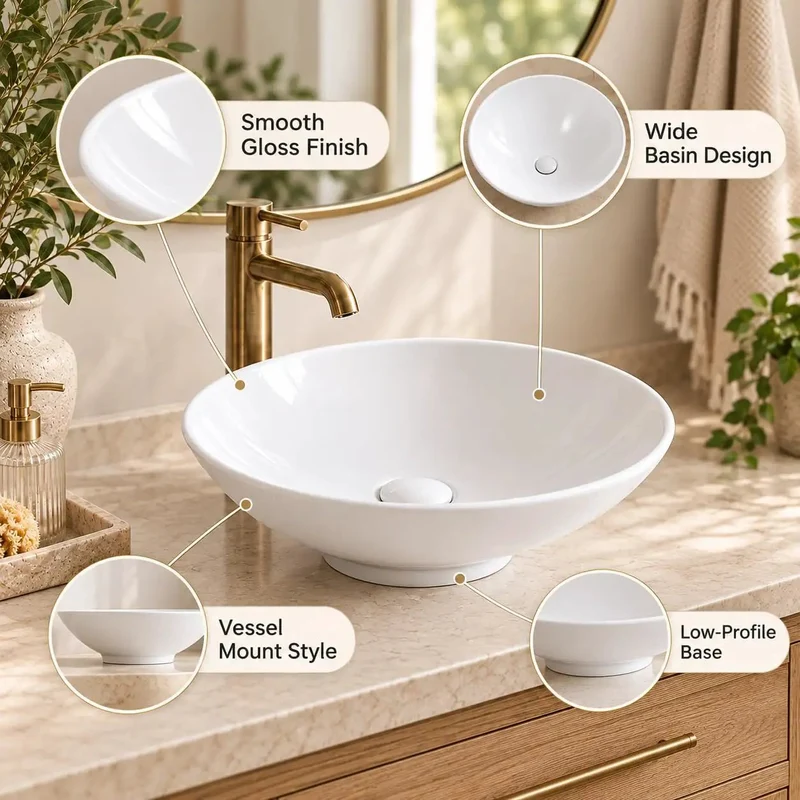 Crisp White Round Vessel Bathroom Sink On Above Counter Mount Solid Vitreous China Vanity Bowl With Hassle Free Drain Install And Zero Overflow Groove Rock Solid Build For Modern Interiors