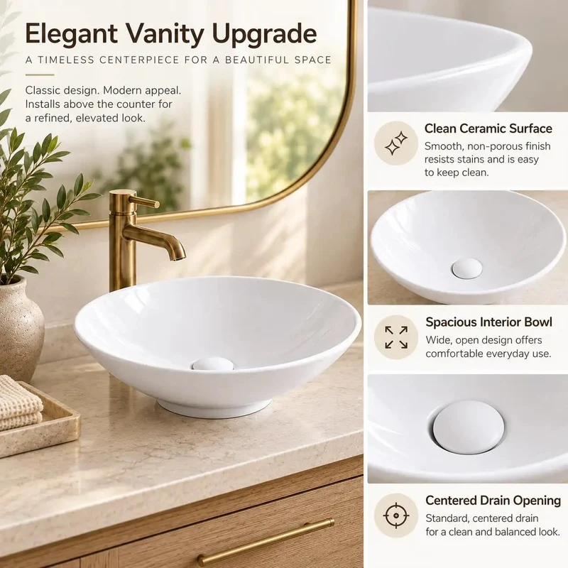 Crisp White Round Vessel Bathroom Sink On Above Counter Mount Solid Vitreous China Vanity Bowl With Hassle Free Drain Install And Zero Overflow Groove Rock Solid Build For Modern Interiors