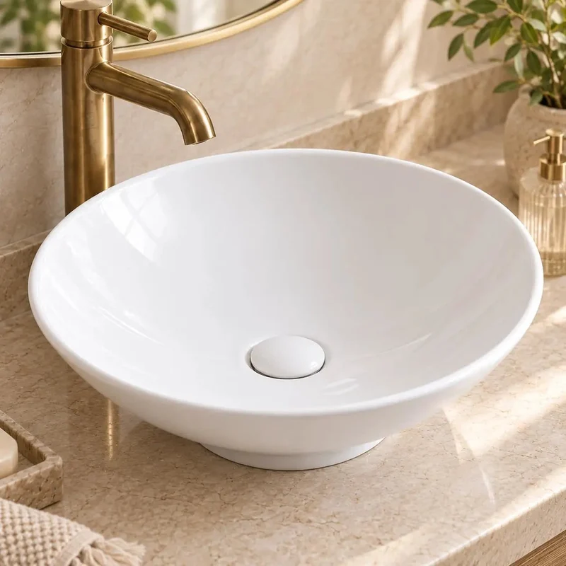 Crisp White Round Vessel Bathroom Sink On Above Counter Mount Solid Vitreous China Vanity Bowl With Hassle Free Drain Install And Zero Overflow Groove Rock Solid Build For Modern Interiors