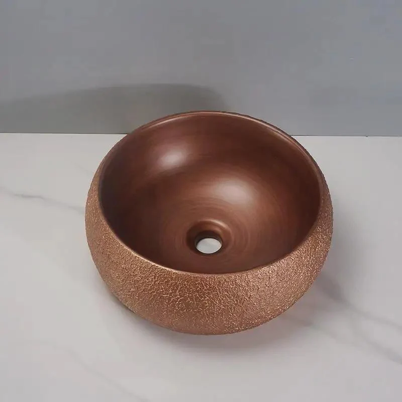 Modern Rose Gold Vessel Bathroom Sink Top Mount Round Ceramic Basin Over Counter Washstand Swanky Glossy Finish Effortless Design Standout Home Decor Premium Mini Tub For Luxe Spaces And Spa Sets