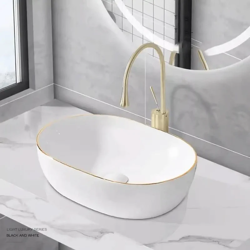 High Gloss Glaze Hella Durable Vessel Sink With Polished Gold Edge Trim Provides Chic Flex For Every Bathroom Setup While Making Daily Cleanup Dead Simple And Delivering Straight Fire Elegance
