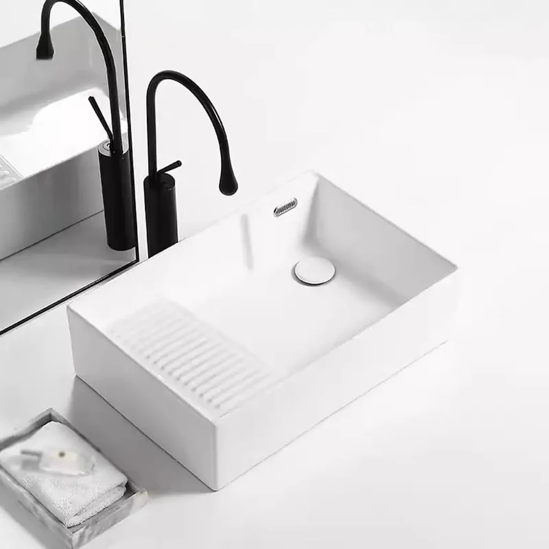 Kickass Modern Ceramic Vessel Sink Featuring Integrated Washboard Panel Hella Slick Table Basin Perfect For Bathrooms Balconies Or Mudrooms Anti Overflow Design Makes Cleanup A Breeze Every Time