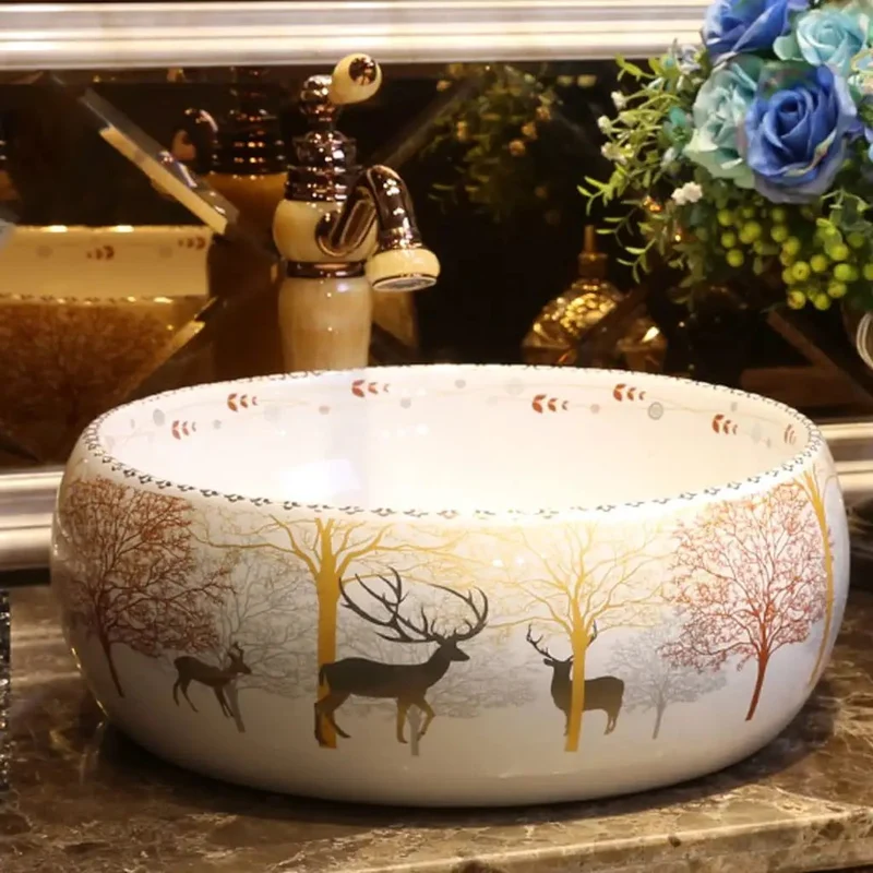 Absolute Stunner Ceramic Vessel Sink For Bathroom Countertop Modern Nordic Round Washbasin Comes With Faucet Gorgeous Forest Art Pattern Levels Up Your Entire Setup