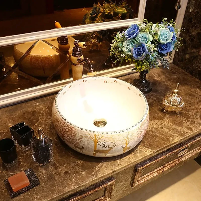 Absolute Stunner Ceramic Vessel Sink For Bathroom Countertop Modern Nordic Round Washbasin Comes With Faucet Gorgeous Forest Art Pattern Levels Up Your Entire Setup