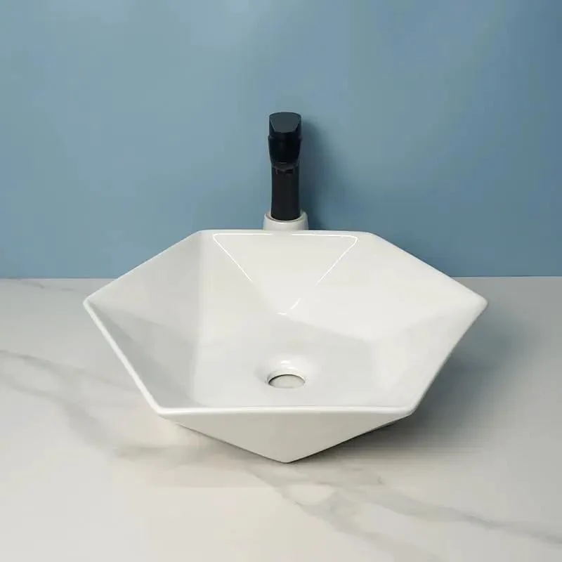 Premium Anti Scratch Glaze Surface Mounted Hexagonal Ceramic Vessel Sink Straight Up Slick Artistic Wash Basin For Modern Bathroom Vanity Sink For Hotels And Spas