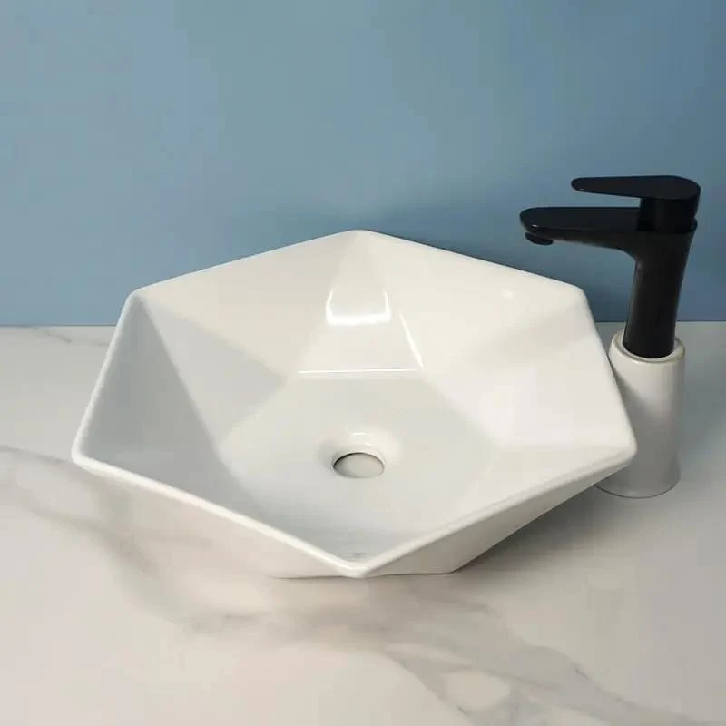 Premium Anti Scratch Glaze Surface Mounted Hexagonal Ceramic Vessel Sink Straight Up Slick Artistic Wash Basin For Modern Bathroom Vanity Sink For Hotels And Spas