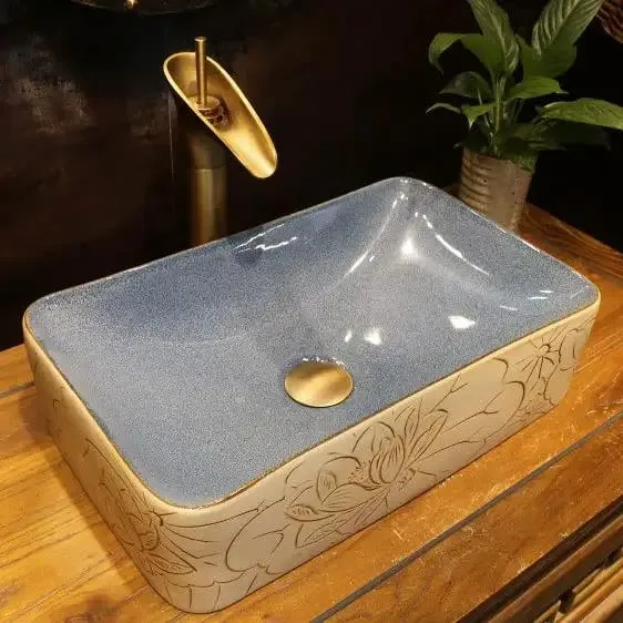 Killer Rectangular Ceramic Vessel Sink Featuring A Sleek Lotus Pattern Really Hitting The Spot For Upgrading Your Countertop Bathroom Washbasin Setup Today