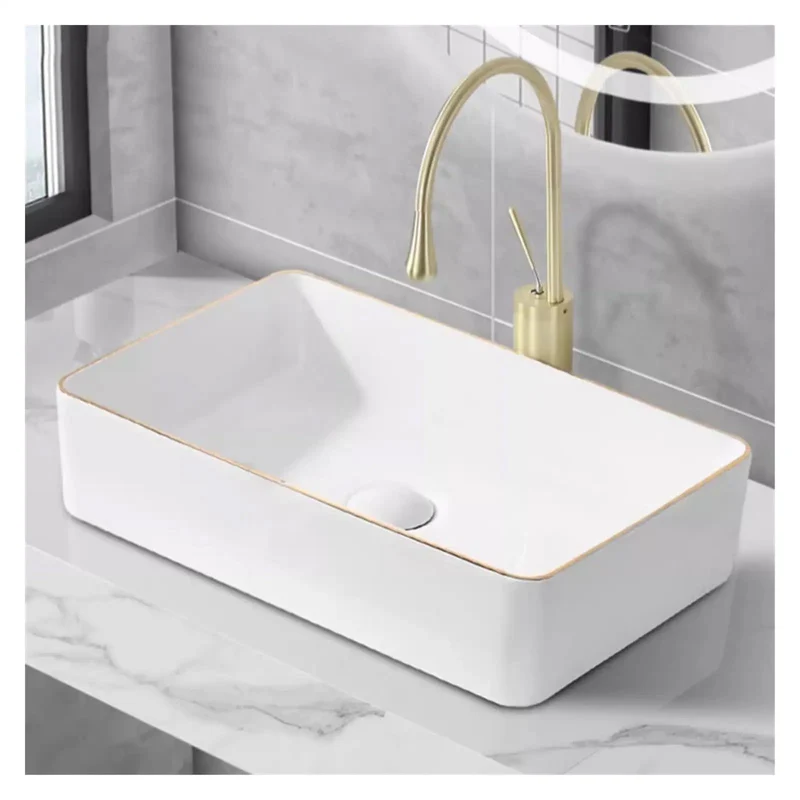 Slick Ceramic Vessel Sink With Bold Gold Trim High Gloss Porcelain Finish Small Bathroom Wash Basin Boss Quality Setup For Fresh Room Makeovers And Next Level Style