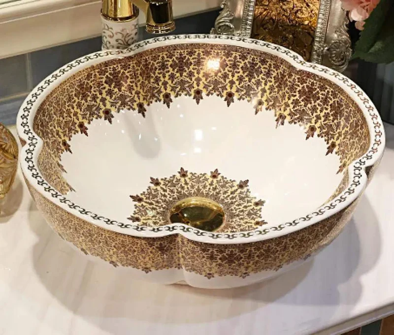 Top Shelf Durable Ceramic Countertop Bathroom Sink Round Flower Trough Basin With 12 Liter Capacity And Single Hole Faucet Prep For A Hassle Free Bathroom Refresh Setup