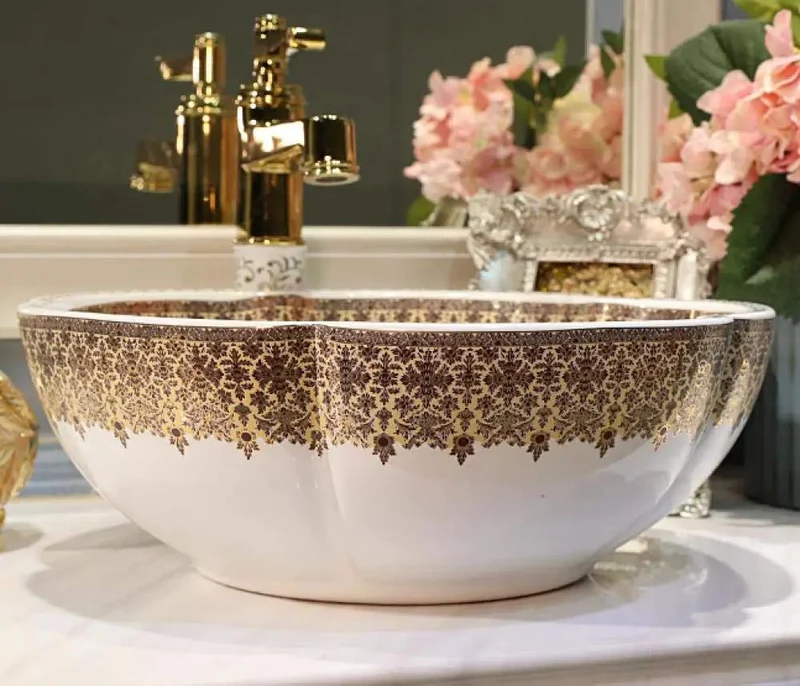 Top Shelf Durable Ceramic Countertop Bathroom Sink Round Flower Trough Basin With 12 Liter Capacity And Single Hole Faucet Prep For A Hassle Free Bathroom Refresh Setup