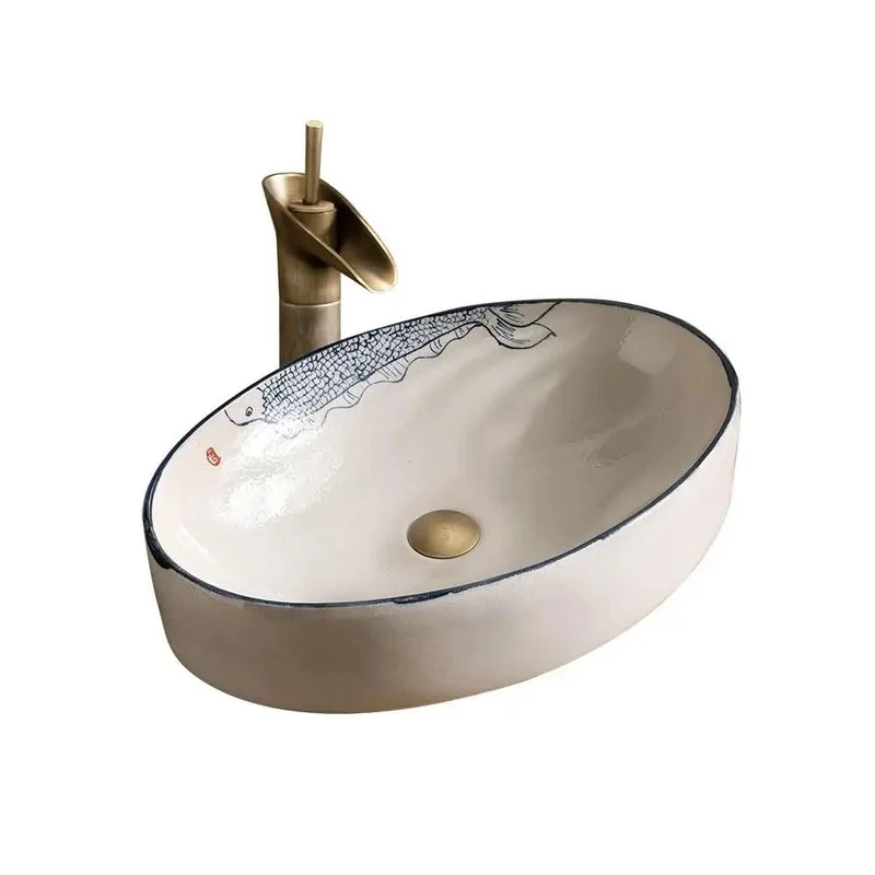 Heavy Duty Oval Vessel Vanity Sink Basin Hand Painted Premium Ceramic Countertop Wash Bowl With Complete Drain Kit And Slick Durable Surface Coating For Modern Bathroom Upgrade