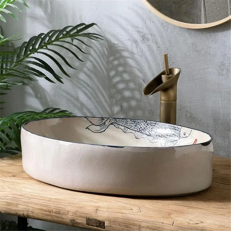 Heavy Duty Oval Vessel Vanity Sink Basin Hand Painted Premium Ceramic Countertop Wash Bowl With Complete Drain Kit And Slick Durable Surface Coating For Modern Bathroom Upgrade