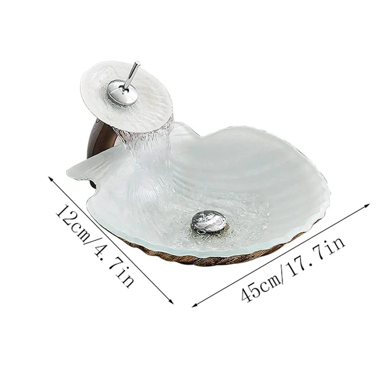 Slick Tempered Glass Bathroom Vessel Sink Shell Shape Above Counter Vanity Washbasin Hella Strong And Scratch Resistant Clear Art Basin With Chrome Faucet Pop Up Drain Mounting Bracket
