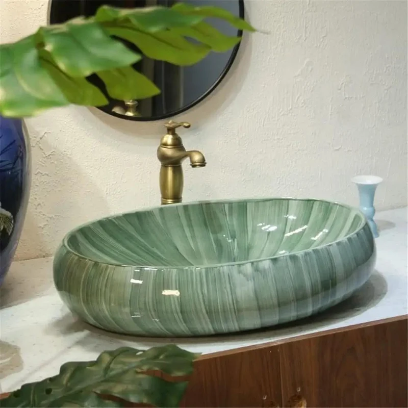 Slick Green Ceramic Oval Vessel Sink For Countertop Vanity Upgrade That Brings A Deadly Clean Look And Real Deal Luxury To Your Bathroom Or Outdoor Balcony With Premium Glaze Finish And Tight Craftsmanship