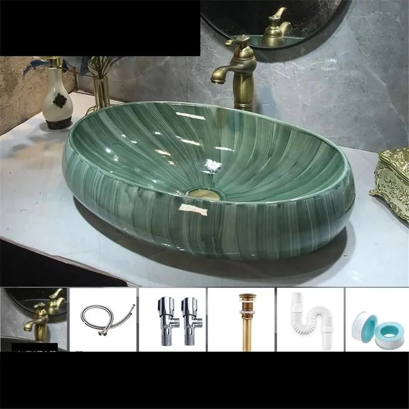 Slick Green Ceramic Oval Vessel Sink For Countertop Vanity Upgrade That Brings A Deadly Clean Look And Real Deal Luxury To Your Bathroom Or Outdoor Balcony With Premium Glaze Finish And Tight Craftsmanship