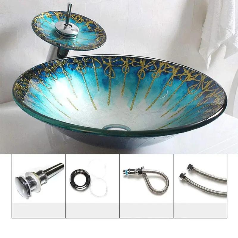 Totally Stunning Gradient Gold Above Counter Vessel Sink Crafted From Strong Tempered Glass Comes With Smooth Waterfall Faucet For A Heck Of A Bathroom Upgrade Super Clean Round Washroom Basin Combo Quick Swap Job