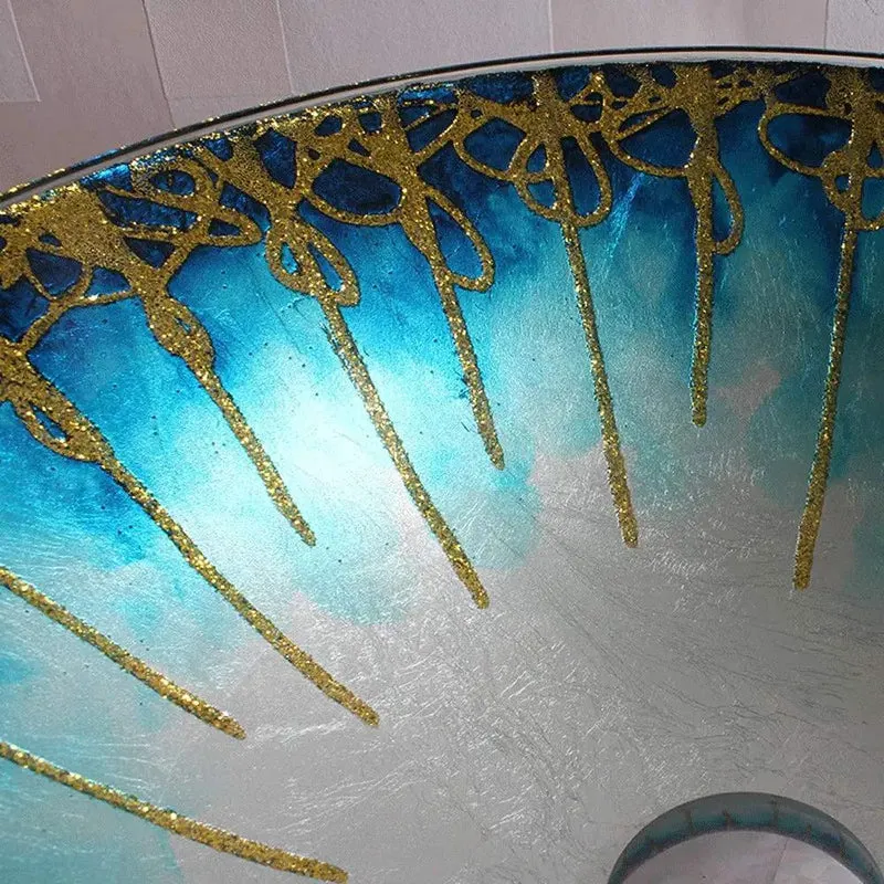 Totally Stunning Gradient Gold Above Counter Vessel Sink Crafted From Strong Tempered Glass Comes With Smooth Waterfall Faucet For A Heck Of A Bathroom Upgrade Super Clean Round Washroom Basin Combo Quick Swap Job