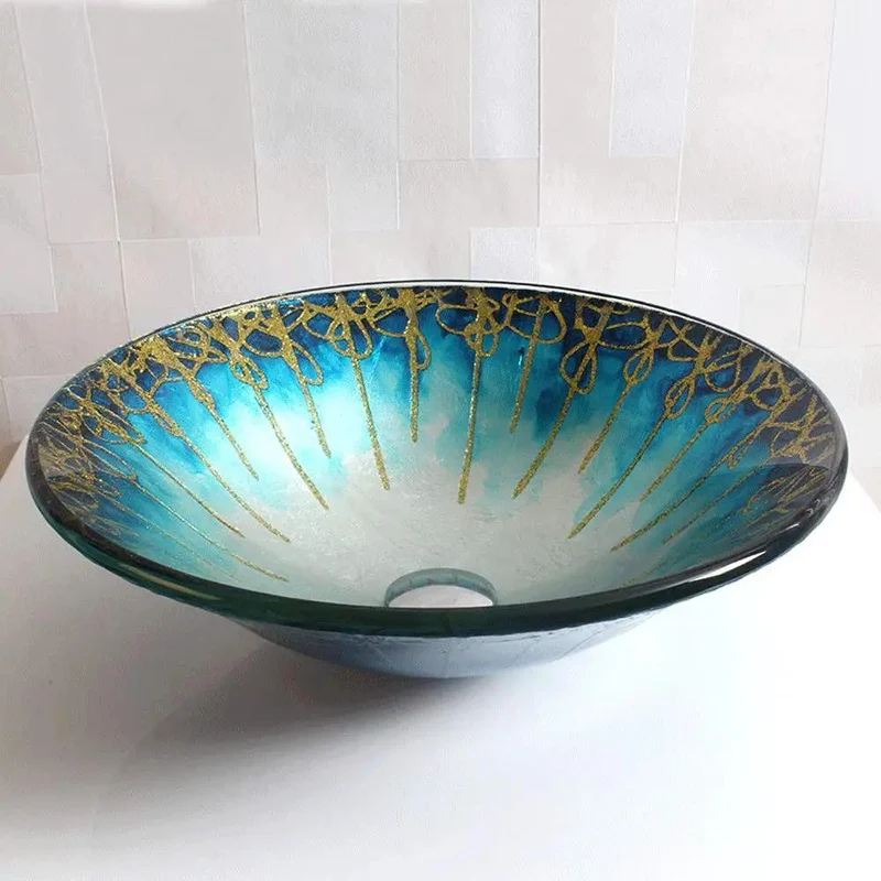 Totally Stunning Gradient Gold Above Counter Vessel Sink Crafted From Strong Tempered Glass Comes With Smooth Waterfall Faucet For A Heck Of A Bathroom Upgrade Super Clean Round Washroom Basin Combo Quick Swap Job