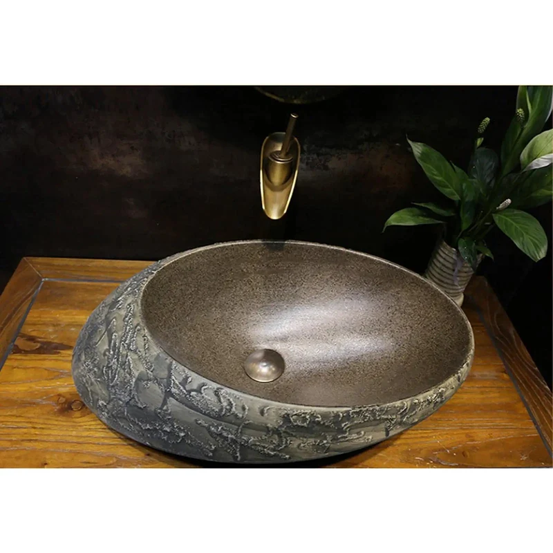 Kickass Ceramic Vessel Bathroom Sink Stone Texture Art Basin Unique Shape Countertop Washstand Lavatory Vanity Accessory Bundle With Copper Angle Valves And Faucet Top Shelf Quality Dope Finish
