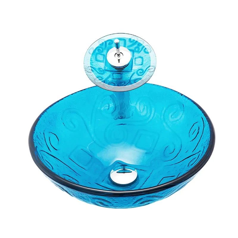 Slick Sky Blue Tempered Glass Vessel Sink With Matching Faucet And Pop Up Drain Heavy Duty Round Countertop Basin For No Sweat Bathroom Refresh Vibes