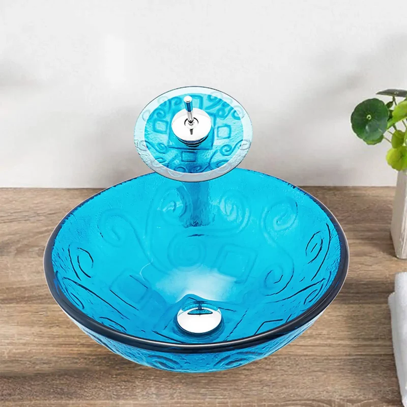 Slick Sky Blue Tempered Glass Vessel Sink With Matching Faucet And Pop Up Drain Heavy Duty Round Countertop Basin For No Sweat Bathroom Refresh Vibes