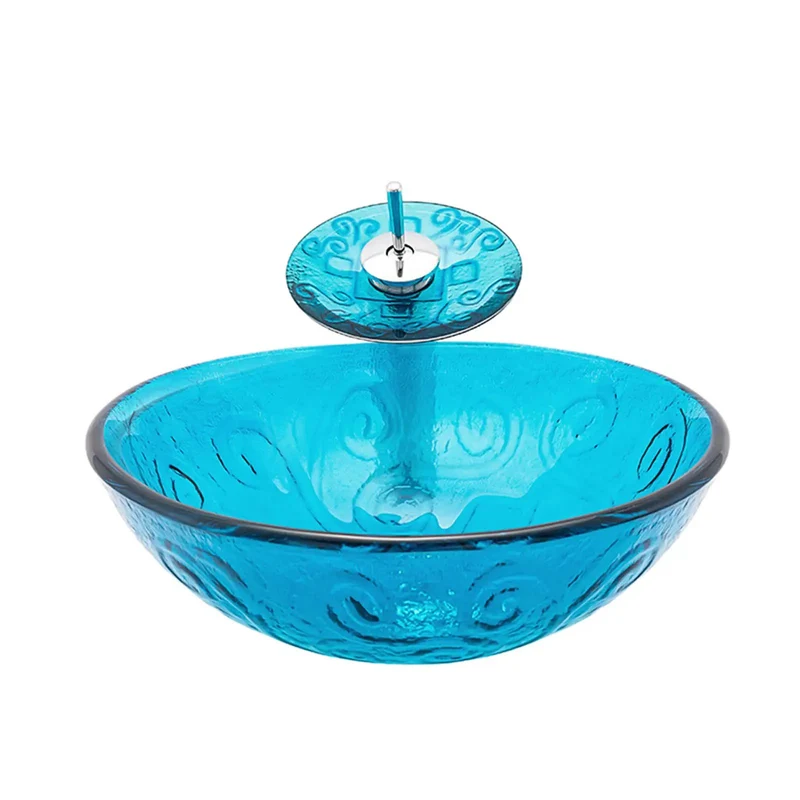 Slick Sky Blue Tempered Glass Vessel Sink With Matching Faucet And Pop Up Drain Heavy Duty Round Countertop Basin For No Sweat Bathroom Refresh Vibes