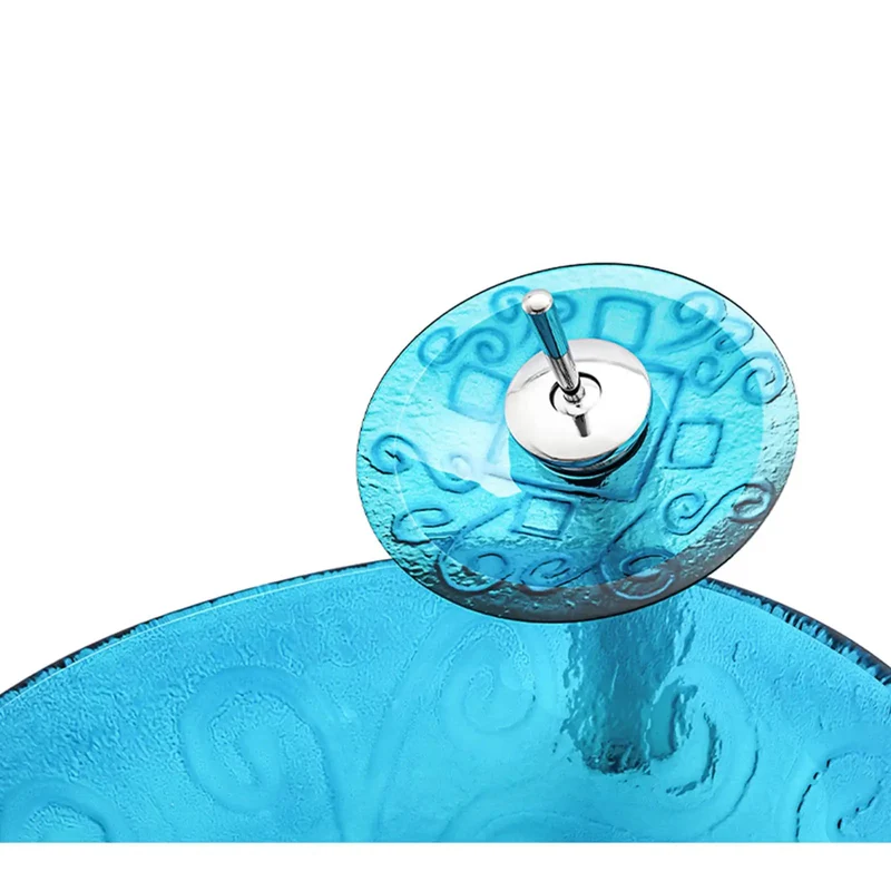 Slick Sky Blue Tempered Glass Vessel Sink With Matching Faucet And Pop Up Drain Heavy Duty Round Countertop Basin For No Sweat Bathroom Refresh Vibes