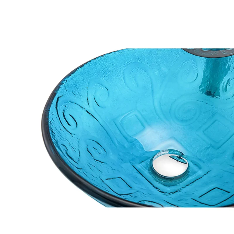 Slick Sky Blue Tempered Glass Vessel Sink With Matching Faucet And Pop Up Drain Heavy Duty Round Countertop Basin For No Sweat Bathroom Refresh Vibes